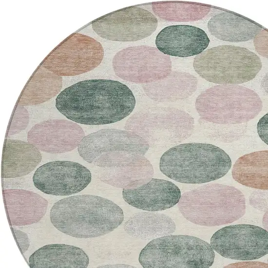 8' Salmon Green And Peach Round Geometric Washable Indoor Outdoor Area Rug Photo 4