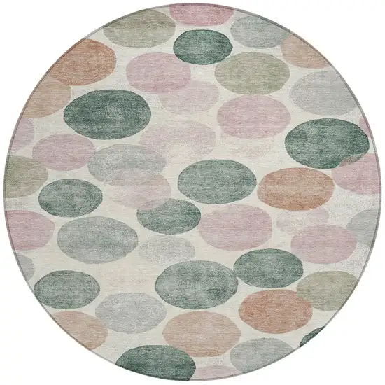 8' Salmon Green And Peach Round Geometric Washable Indoor Outdoor Area Rug Photo 3