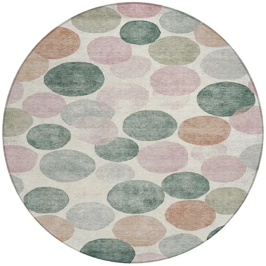 8' Salmon Green And Peach Round Geometric Washable Indoor Outdoor Area Rug Photo 3