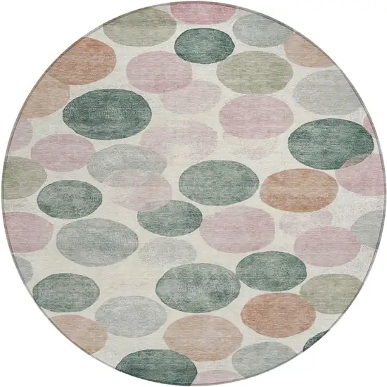 8' Salmon Green And Peach Round Geometric Washable Indoor Outdoor Area Rug Photo 1