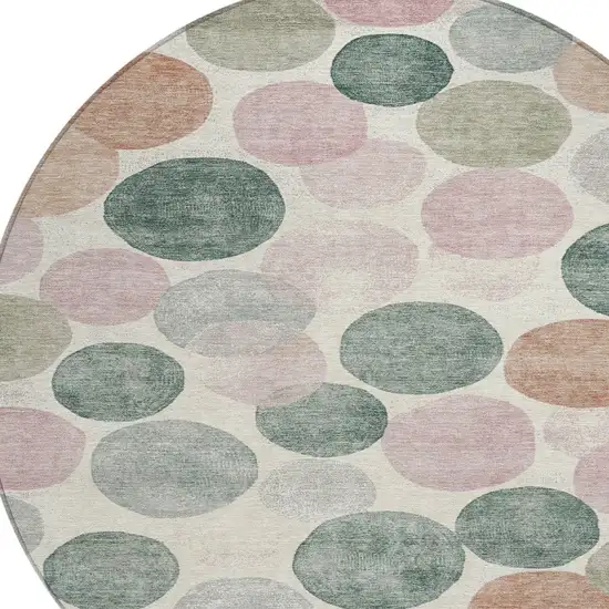 8' Salmon Green And Peach Round Geometric Washable Indoor Outdoor Area Rug Photo 8