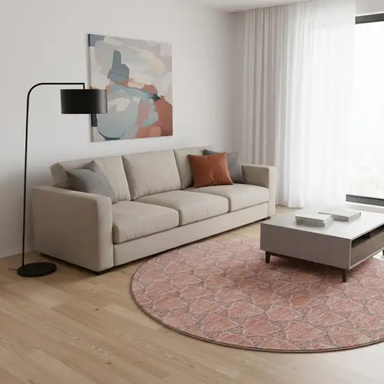 8' Salmon Ivory And Blue Geometric Washable Round Rug With UV Protection Photo 2