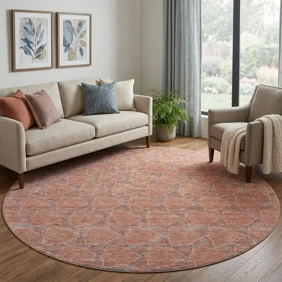 8' Salmon Ivory And Blue Geometric Washable Round Rug With UV Protection Photo 1
