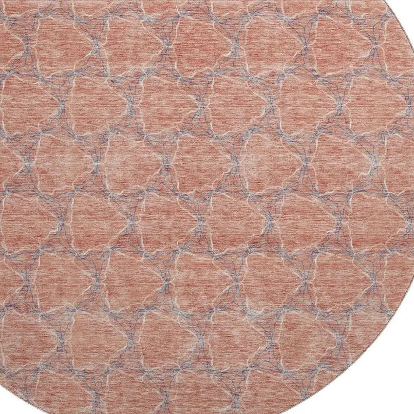 8' Salmon Ivory And Blue Geometric Washable Round Rug With UV Protection Photo 2