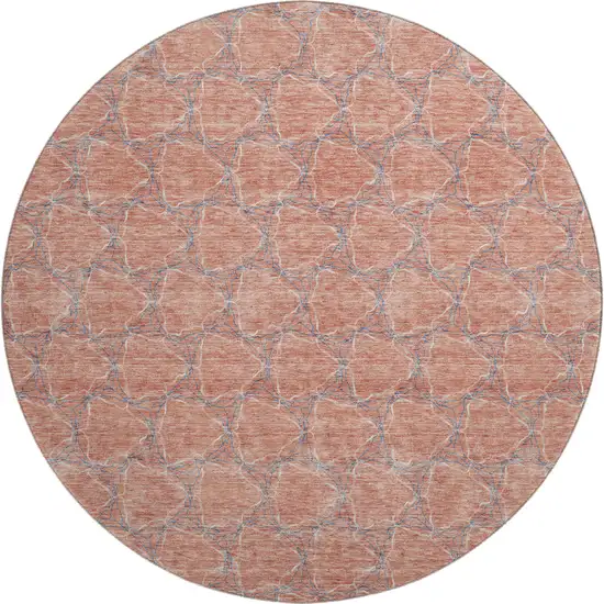 8' Salmon Ivory And Blue Geometric Washable Round Rug With UV Protection Photo 1