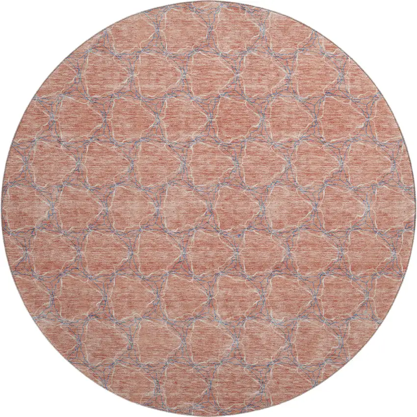8' Salmon Ivory And Blue Geometric Washable Round Rug With UV Protection Photo 1