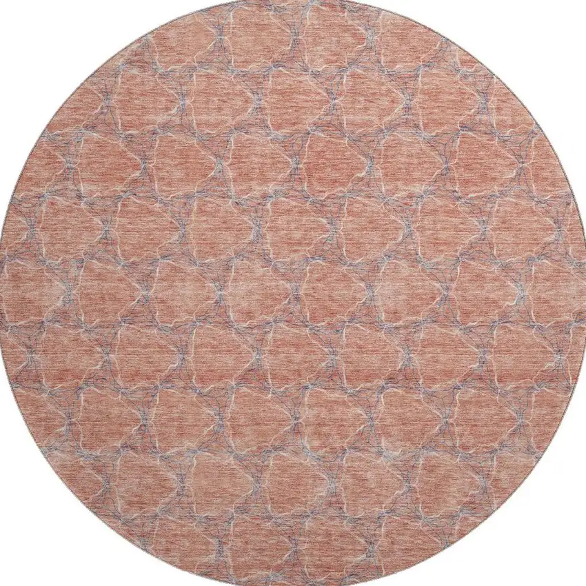 8' Salmon Ivory And Blue Geometric Washable Round Rug With UV Protection Photo 3