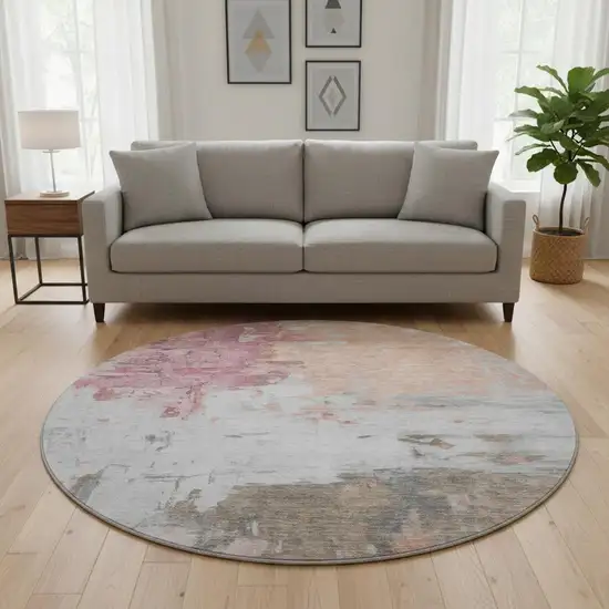 8' Salmon Ivory And Brown Abstract Washable Round Rug With UV Protection Photo 2
