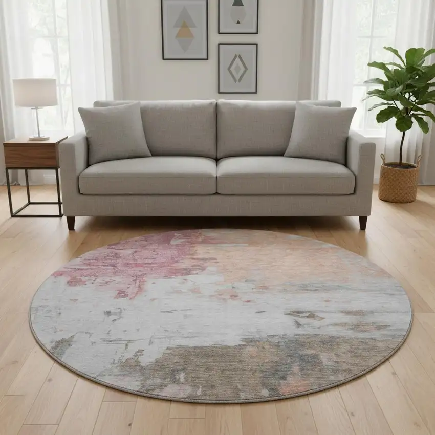 8' Salmon Ivory And Brown Abstract Washable Round Rug With UV Protection Photo 2