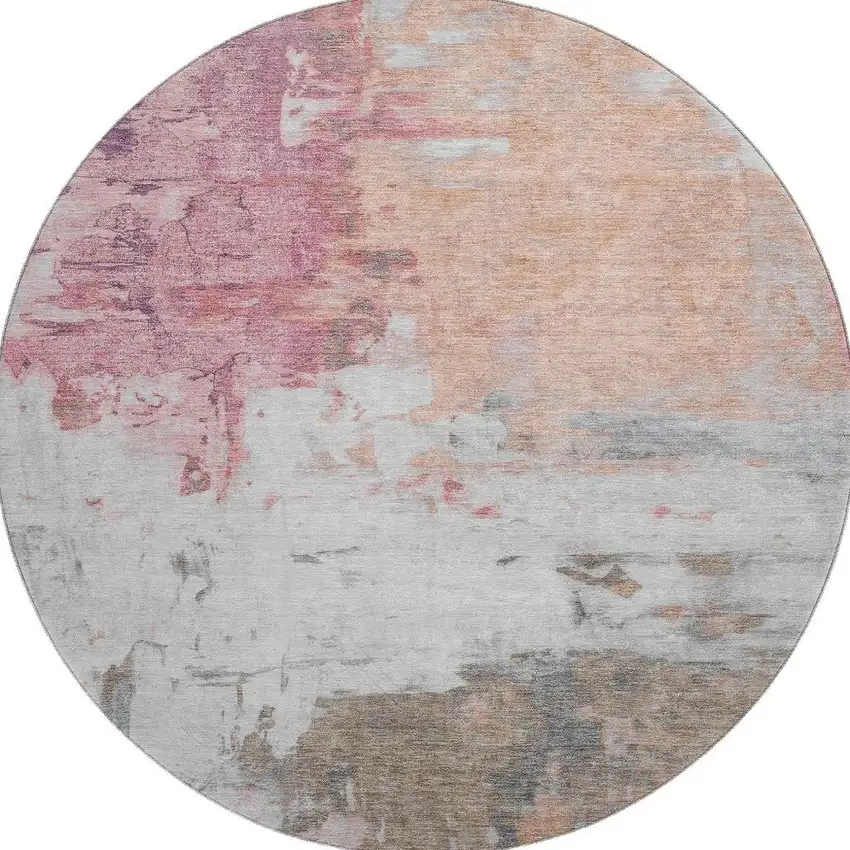 8' Salmon Ivory And Brown Abstract Washable Round Rug With UV Protection Photo 4