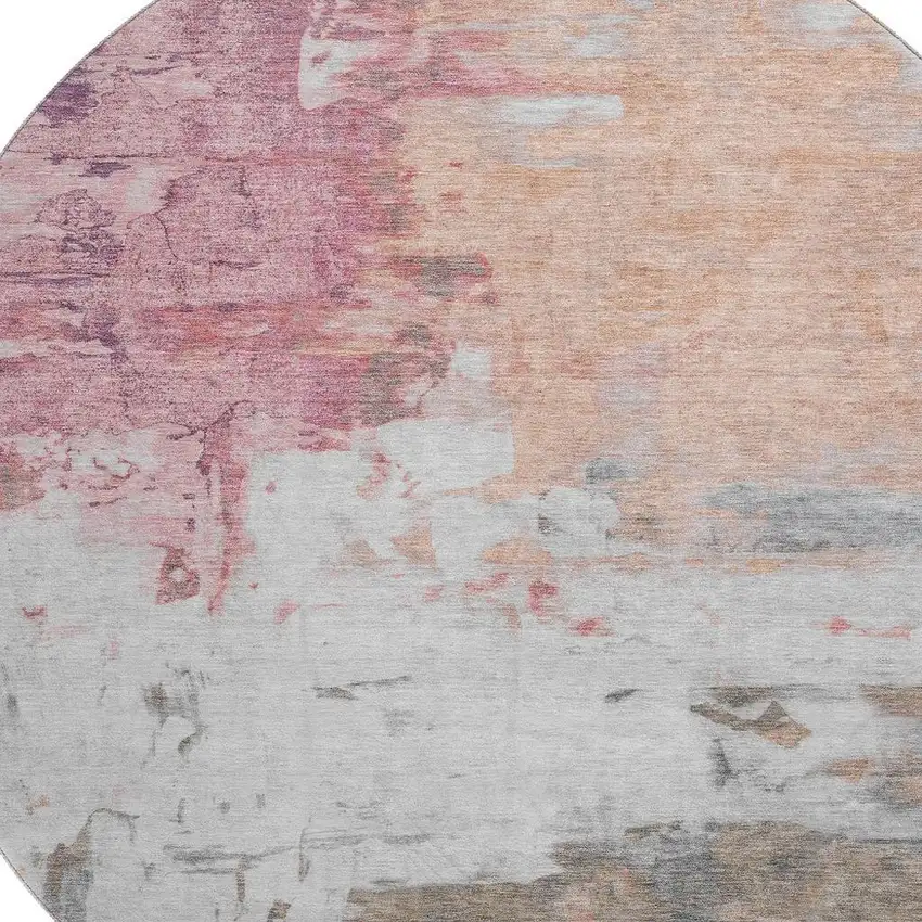 8' Salmon Ivory And Brown Abstract Washable Round Rug With UV Protection Photo 3