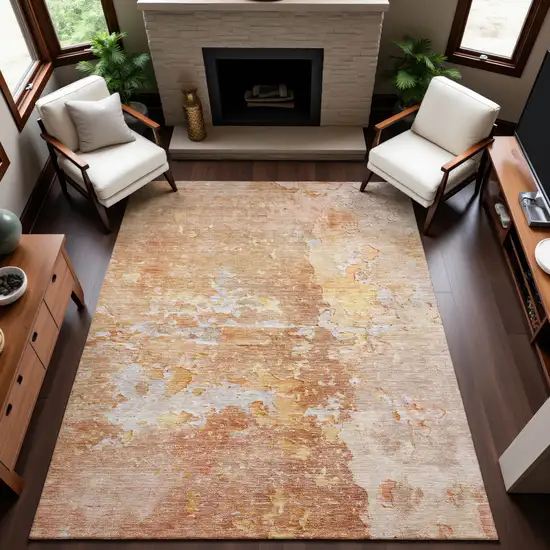 8' Salmon Ivory And Gold Abstract Washable Area Rug With UV Protection Photo 5