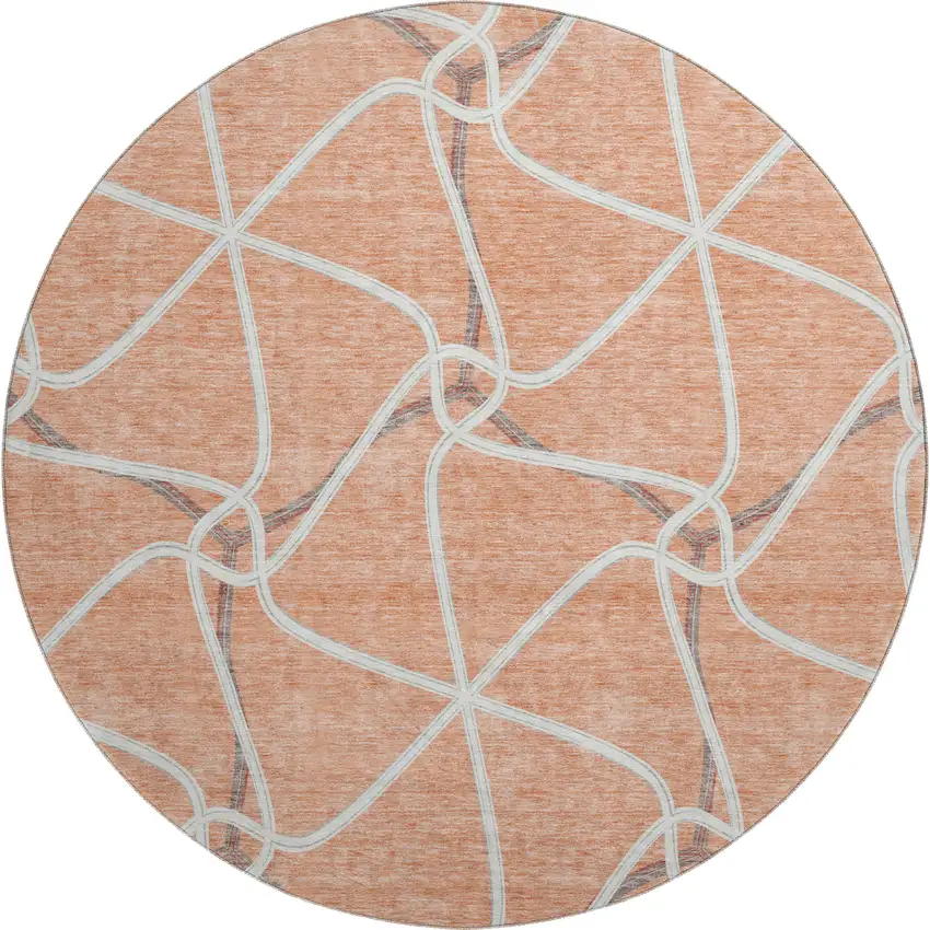 8' Salmon Ivory And Gray Geometric Washable Round Rug With UV Protection Photo 1