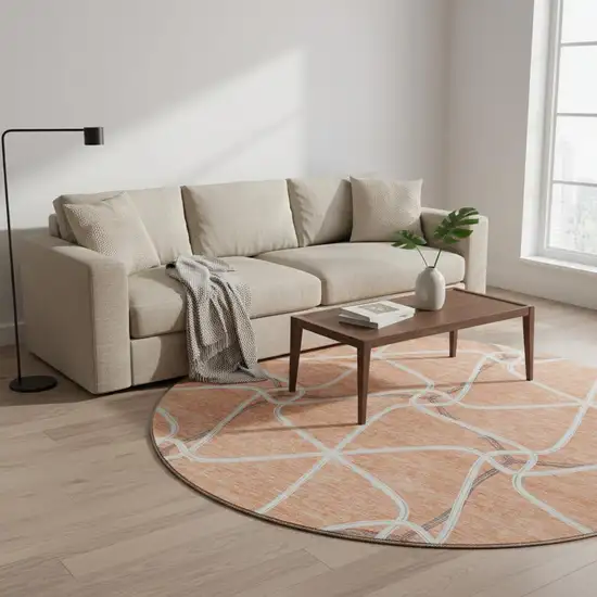 8' Salmon Ivory And Gray Geometric Washable Round Rug With UV Protection Photo 2