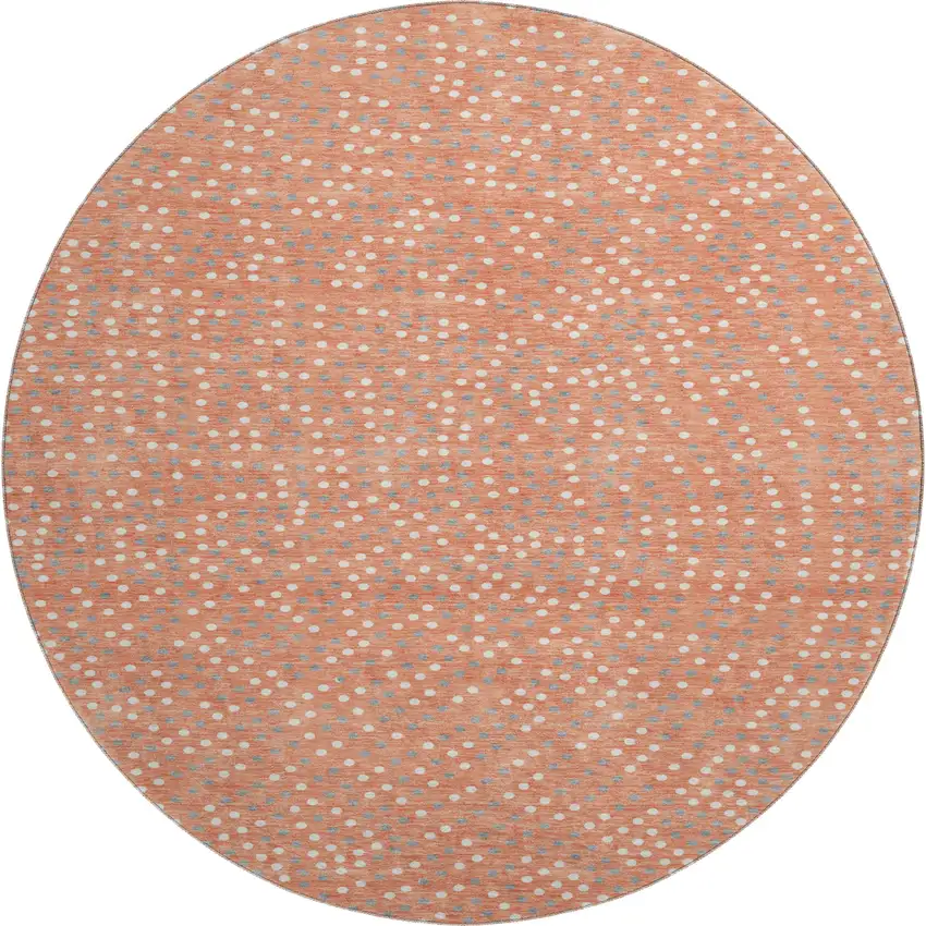 8' Salmon Ivory And Gray Polka Dot Washable Round Rug With UV Protection Photo 1
