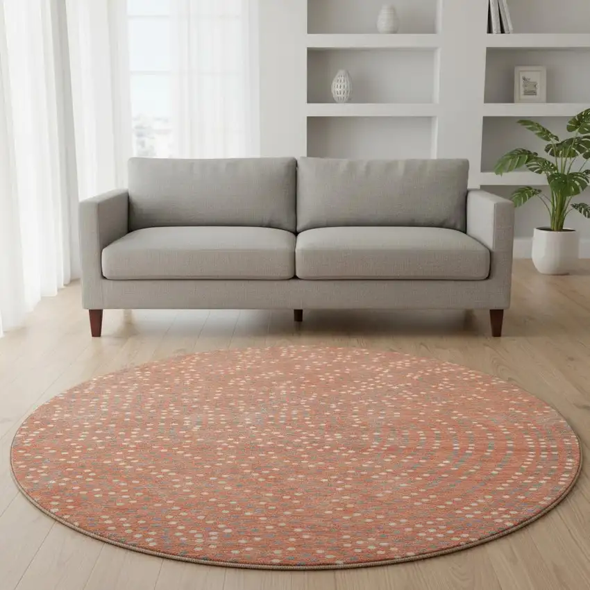 8' Salmon Ivory And Gray Polka Dot Washable Round Rug With UV Protection Photo 2