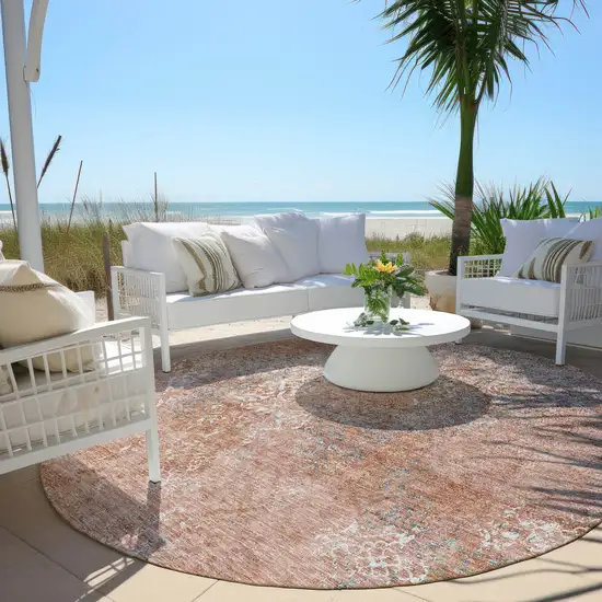8' Salmon Ivory And Gray Round Floral Washable Indoor Outdoor Area Rug Photo 6