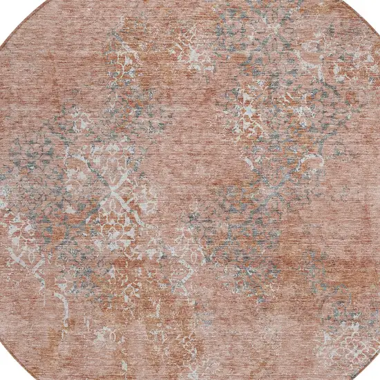 8' Salmon Ivory And Gray Round Floral Washable Indoor Outdoor Area Rug Photo 4