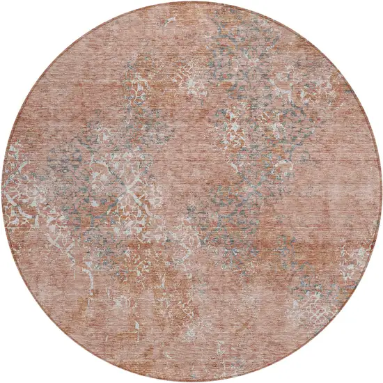 8' Salmon Ivory And Gray Round Floral Washable Indoor Outdoor Area Rug Photo 1