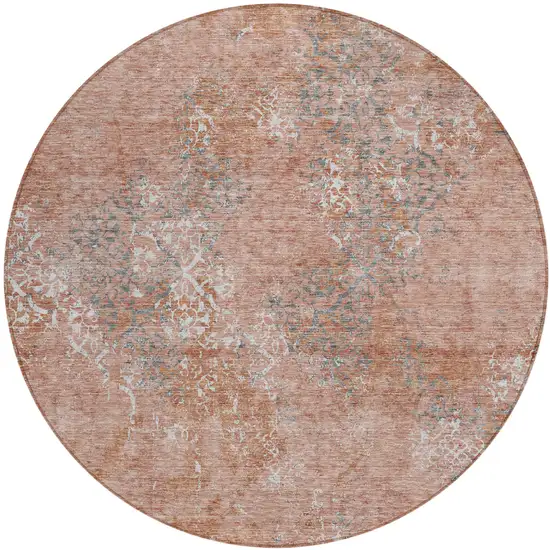8' Salmon Ivory And Gray Round Floral Washable Indoor Outdoor Area Rug Photo 1