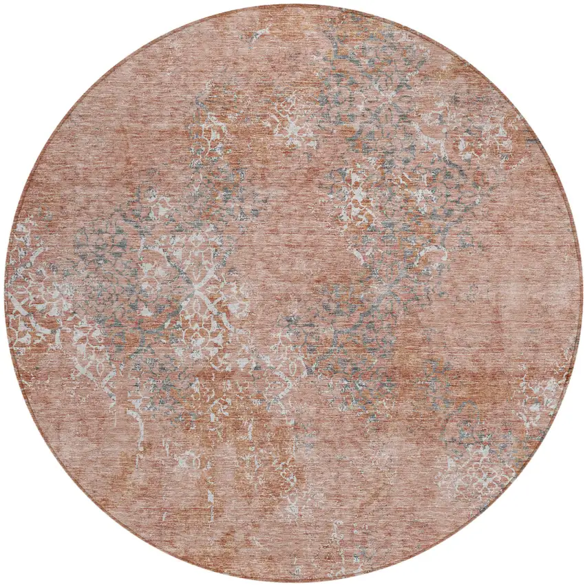 8' Salmon Ivory And Gray Round Floral Washable Indoor Outdoor Area Rug Photo 1