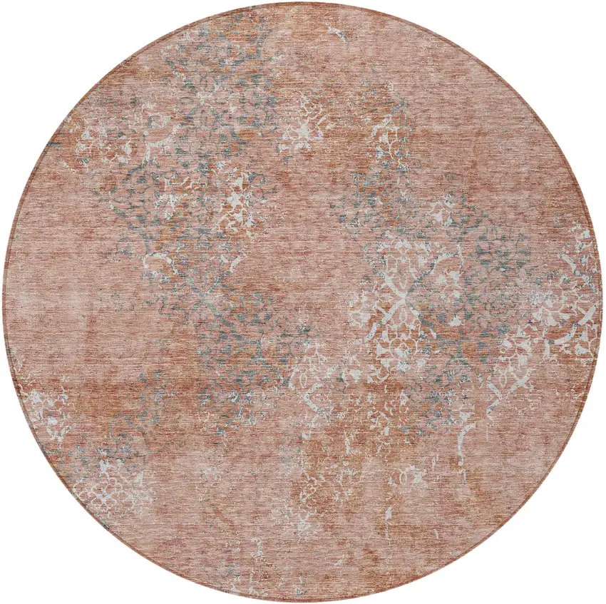 8' Salmon Ivory And Gray Round Floral Washable Indoor Outdoor Area Rug Photo 5