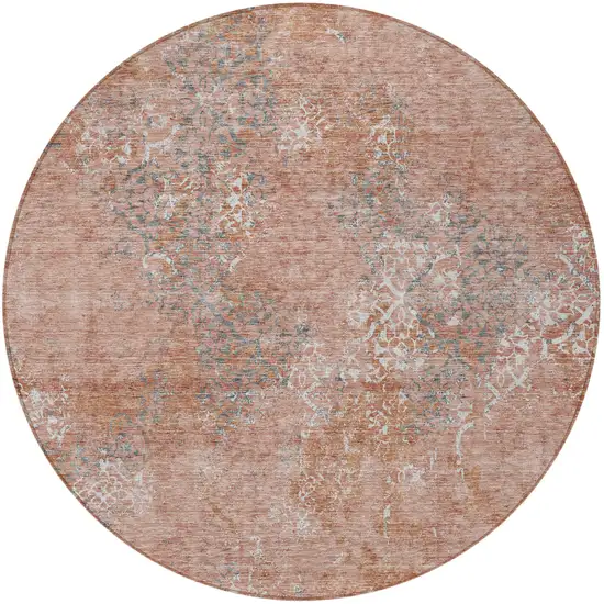 8' Salmon Ivory And Gray Round Floral Washable Indoor Outdoor Area Rug Photo 5