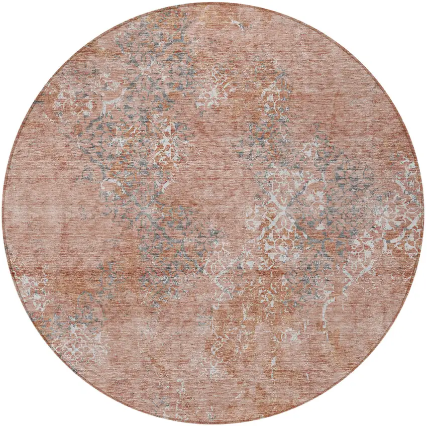 8' Salmon Ivory And Gray Round Floral Washable Indoor Outdoor Area Rug Photo 5