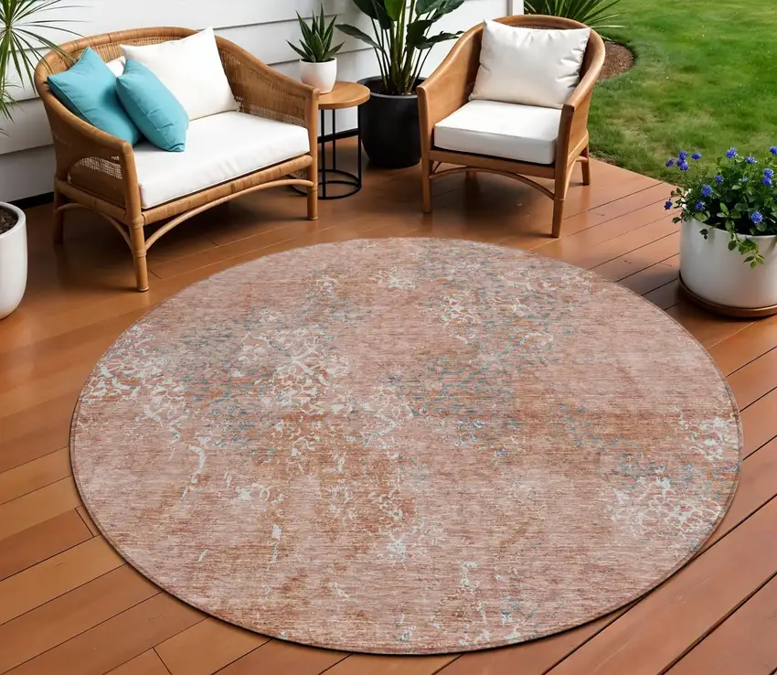 8' Salmon Ivory And Gray Round Floral Washable Indoor Outdoor Area Rug Photo 1