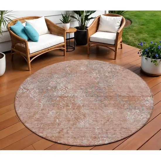 8' Salmon Ivory And Gray Round Floral Washable Indoor Outdoor Area Rug Photo 1