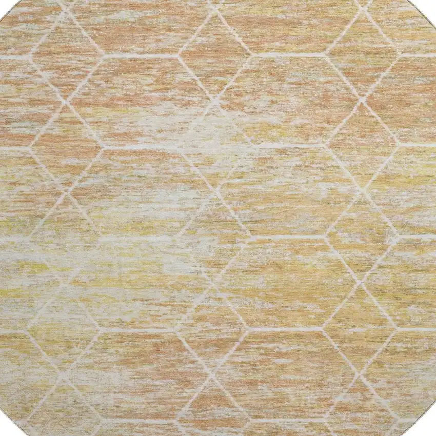 8' Salmon Ivory And Wheat Geometric Washable Round Rug With UV Protection Photo 2