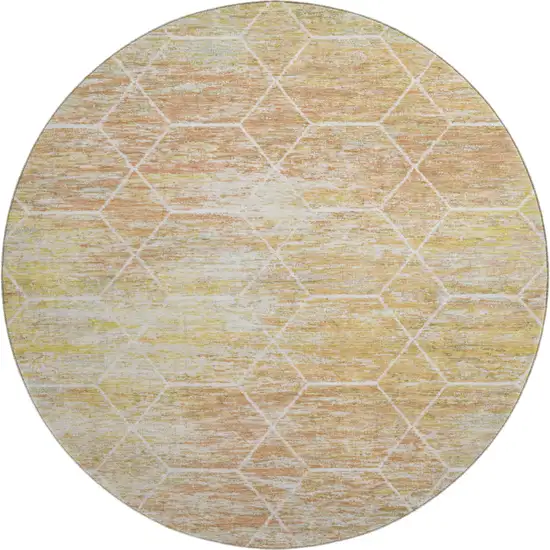8' Salmon Ivory And Wheat Geometric Washable Round Rug With UV Protection Photo 1