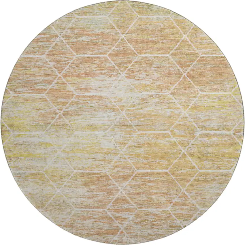 8' Salmon Ivory And Wheat Geometric Washable Round Rug With UV Protection Photo 1