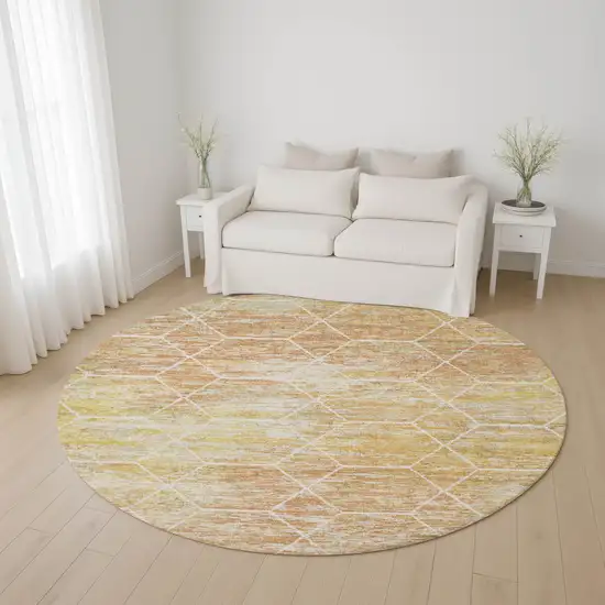 8' Salmon Ivory And Wheat Geometric Washable Round Rug With UV Protection Photo 4
