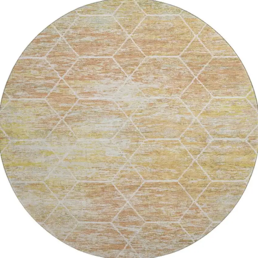 8' Salmon Ivory And Wheat Geometric Washable Round Rug With UV Protection Photo 3