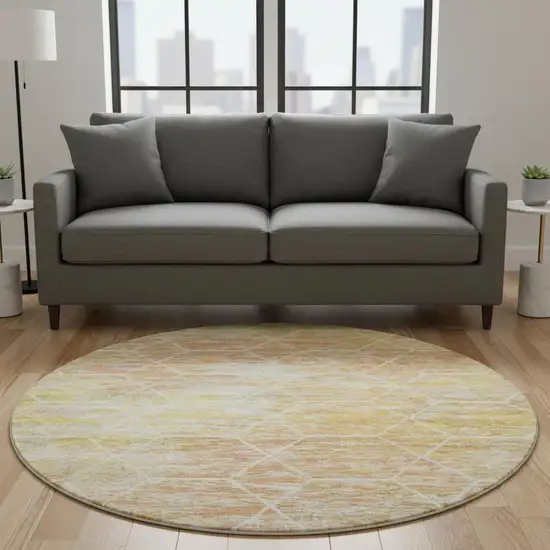 8' Salmon Ivory And Wheat Geometric Washable Round Rug With UV Protection Photo 2