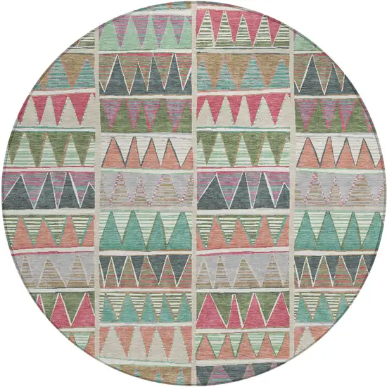 8' Salmon Ivory Olive Green And Blush Round Geometric Washable Indoor Outdoor Area Rug Photo 1