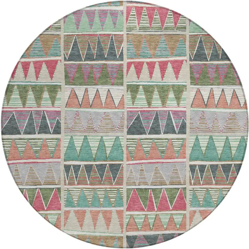 8' Salmon Ivory Olive Green And Blush Round Geometric Washable Indoor Outdoor Area Rug Photo 1