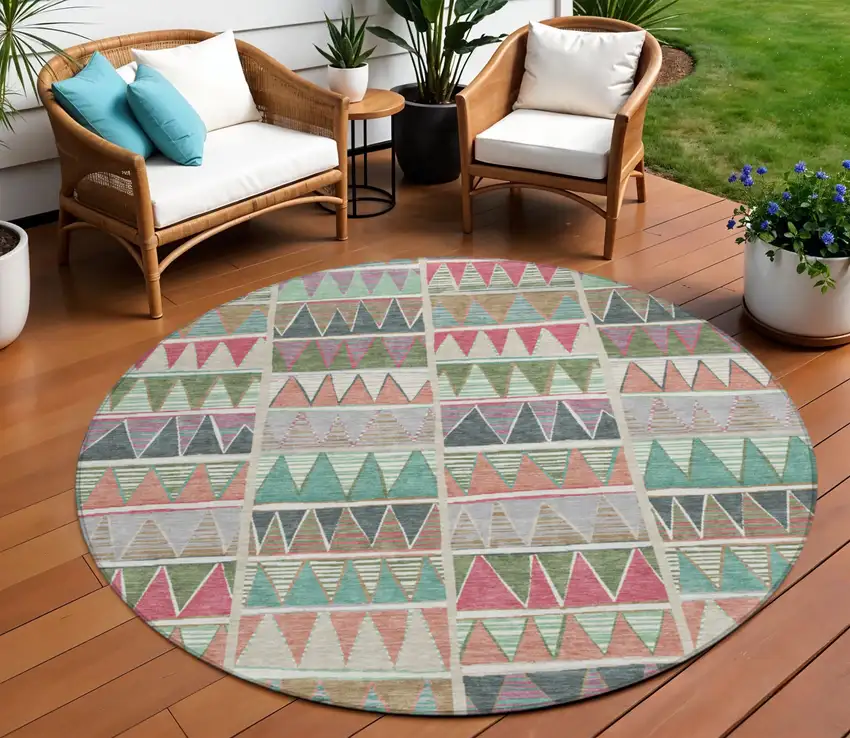 8' Salmon Ivory Olive Green And Blush Round Geometric Washable Indoor Outdoor Area Rug Photo 2