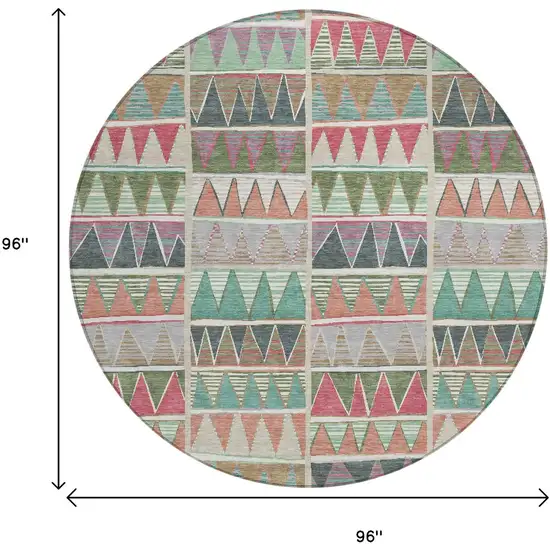 8' Salmon Ivory Olive Green And Blush Round Geometric Washable Indoor Outdoor Area Rug Photo 9