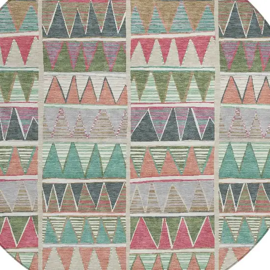 8' Salmon Ivory Olive Green And Blush Round Geometric Washable Indoor Outdoor Area Rug Photo 5
