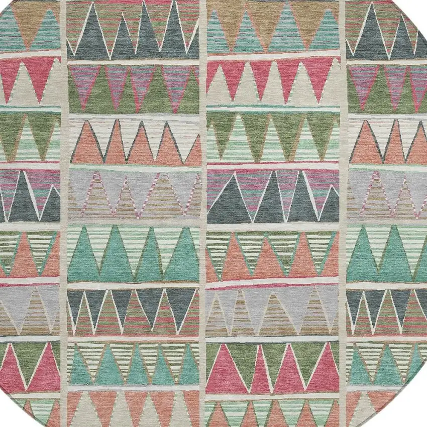 8' Salmon Ivory Olive Green And Blush Round Geometric Washable Indoor Outdoor Area Rug Photo 5