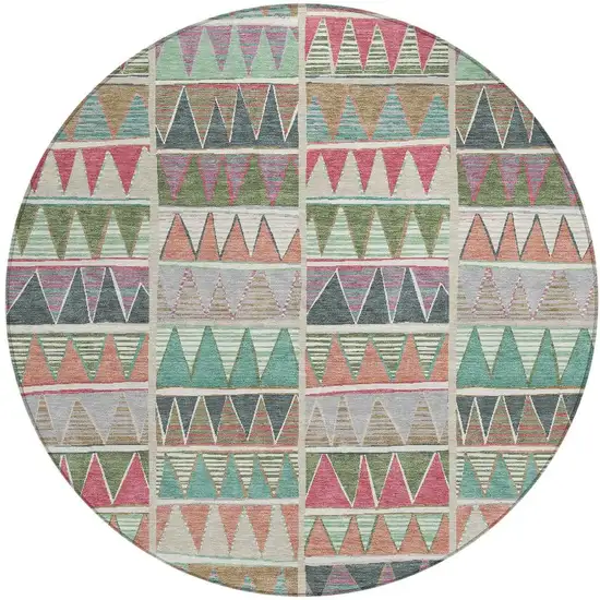 8' Salmon Ivory Olive Green And Blush Round Geometric Washable Indoor Outdoor Area Rug Photo 3