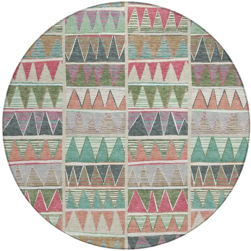 8' Salmon Ivory Olive Green And Blush Round Geometric Washable Indoor Outdoor Area Rug Photo 3