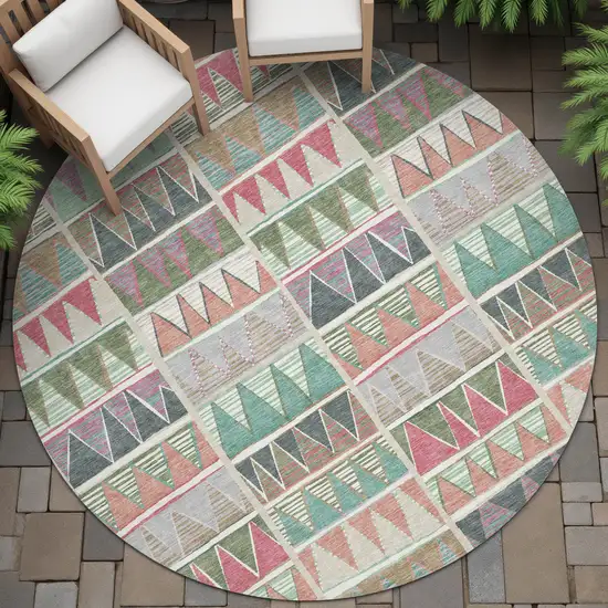 8' Salmon Ivory Olive Green And Blush Round Geometric Washable Indoor Outdoor Area Rug Photo 7