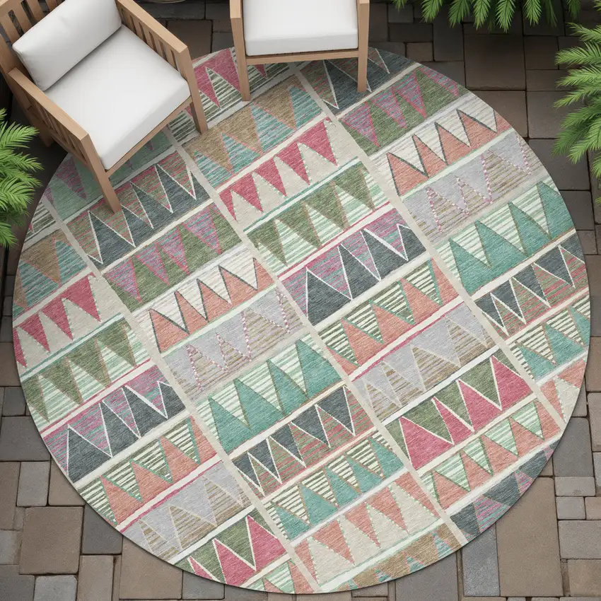 8' Salmon Ivory Olive Green And Blush Round Geometric Washable Indoor Outdoor Area Rug Photo 7