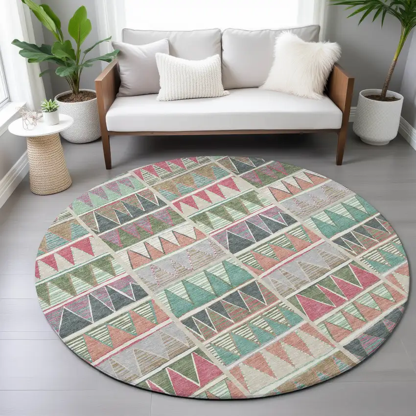 8' Salmon Ivory Olive Green And Blush Round Geometric Washable Indoor Outdoor Area Rug Photo 8