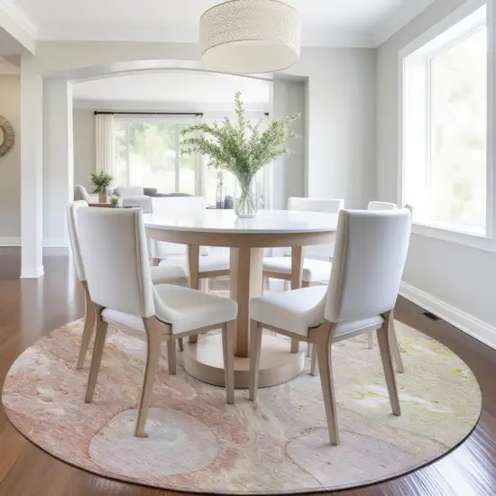 8' Salmon Lavender And Ivory Round Abstract Washable Indoor Outdoor Area Rug Photo 6