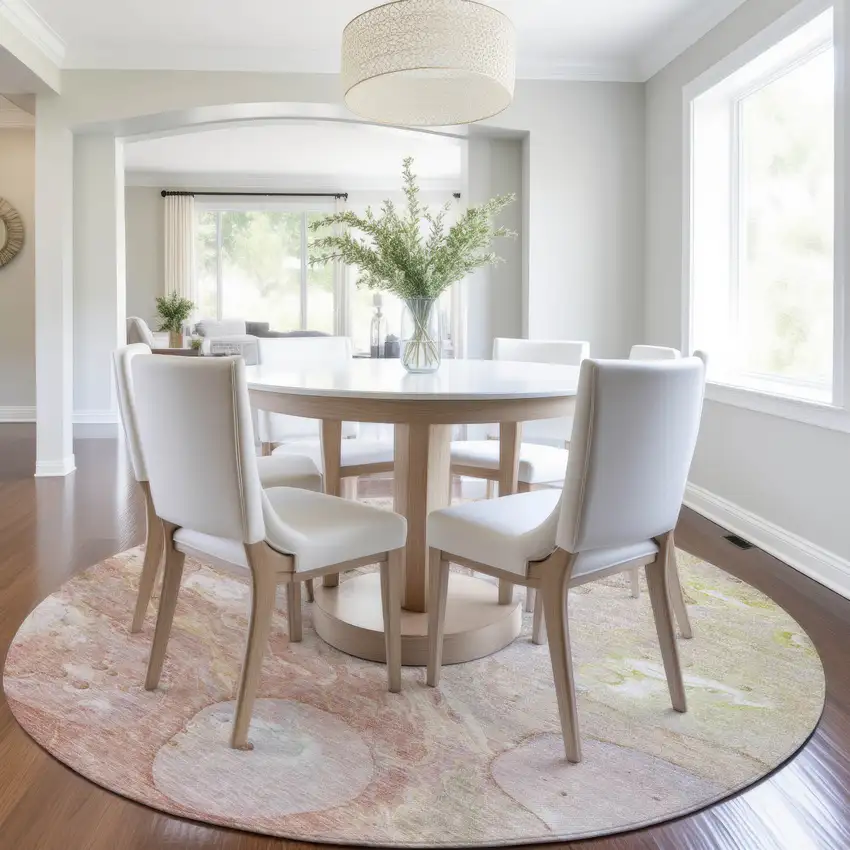 8' Salmon Lavender And Ivory Round Abstract Washable Indoor Outdoor Area Rug Photo 6