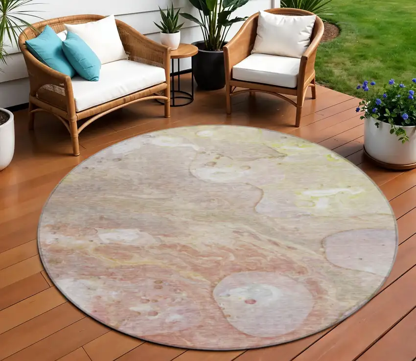 8' Salmon Lavender And Ivory Round Abstract Washable Indoor Outdoor Area Rug Photo 2